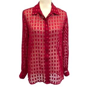 Notations Vintage 90’s Red Semi Sheer Blouse Grid Pattern Women’s Medium Career
